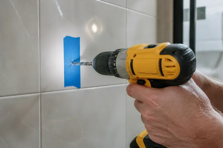 Perçage d'un carreau de faïence murale en inclinant la perceuse à quarante-cinq degrés