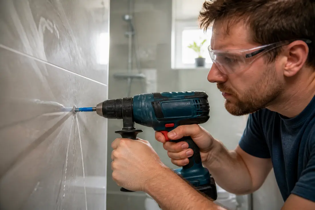 Bricoleur qui explique comment percer du carrelage proprement dans une salle de bains