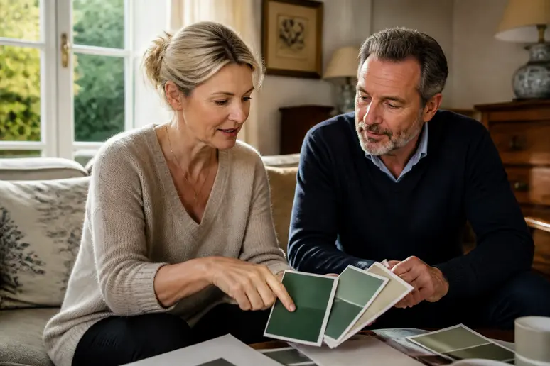 Couple choisissant une couleur porte intérieure profonde pour un grand salon baigné de lumière naturelle.