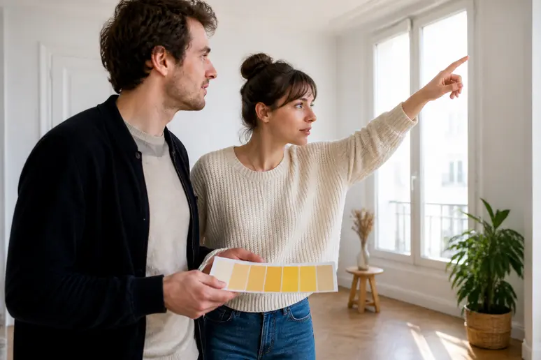 Une couleur pour pièce sombre : couple choisissant un jaune pâle pour une pièce orientée au nord, profitant de la lumière naturelle.