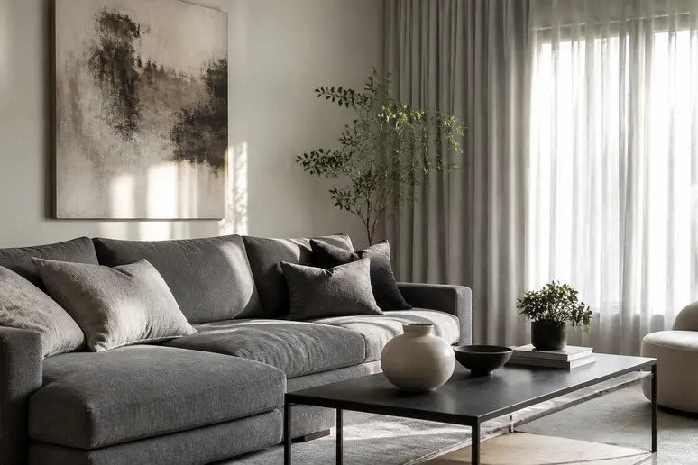 Rideaux gris clair contrastant avec un canapé gris foncé, ambiance salon moderne.