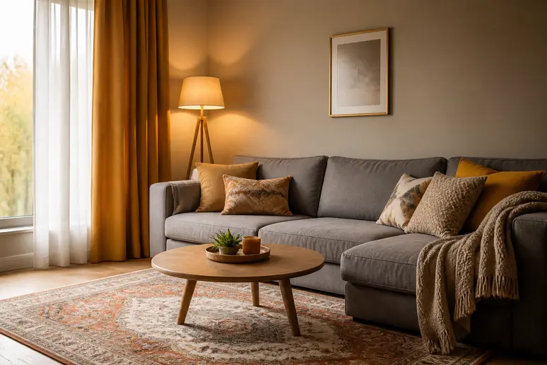 Canapé gris assorti à un tapis aux tons chauds et coussins décoratifs.