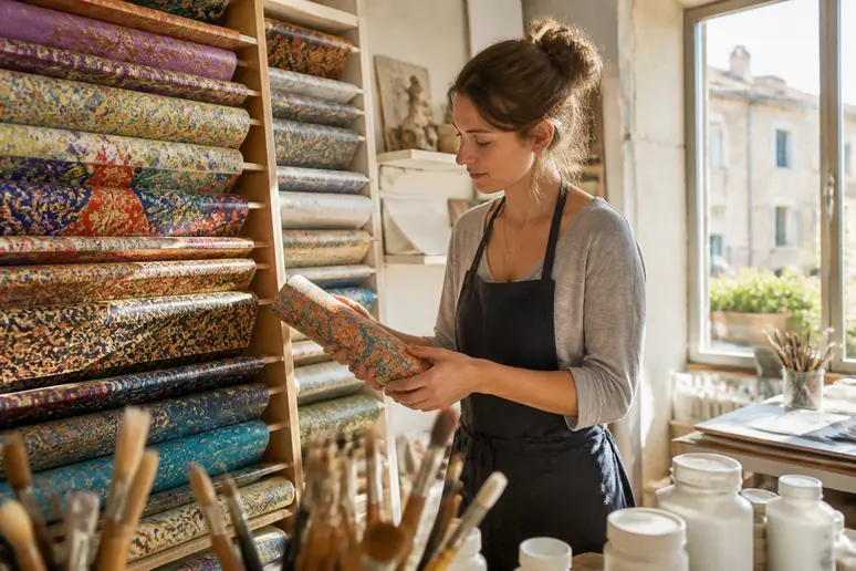Sélection de papiers Décopatch colorés par une jeune femme pour un projet de décoration, illustrant la différence avec le serviettage.