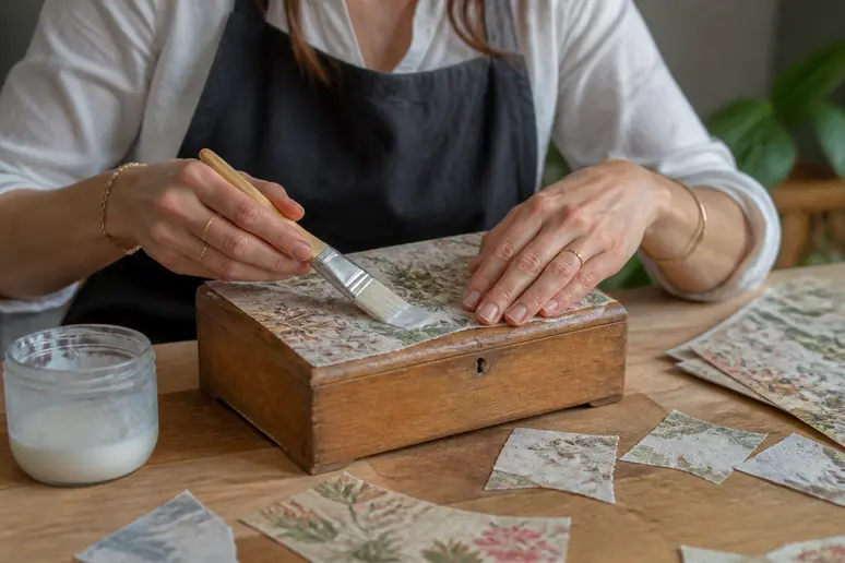 Application méticuleuse de papier Décopatch sur une boîte en bois, montrant la technique pour éviter plis et bulles, une illustration de la différence avec le serviettage.