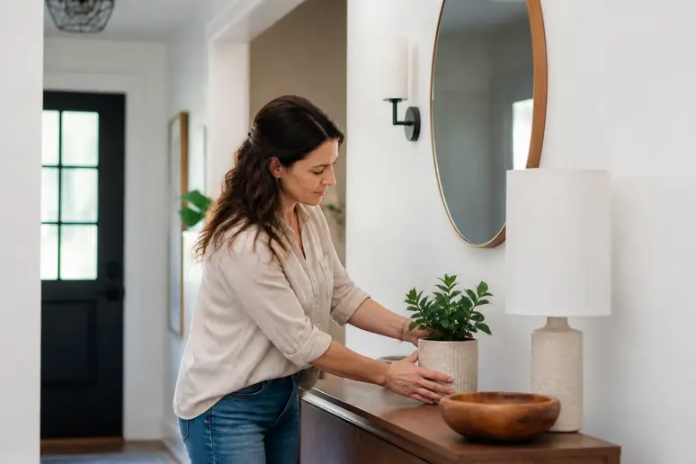 Une femme décore une console d'entrée avec une plante, une lampe et un bol.