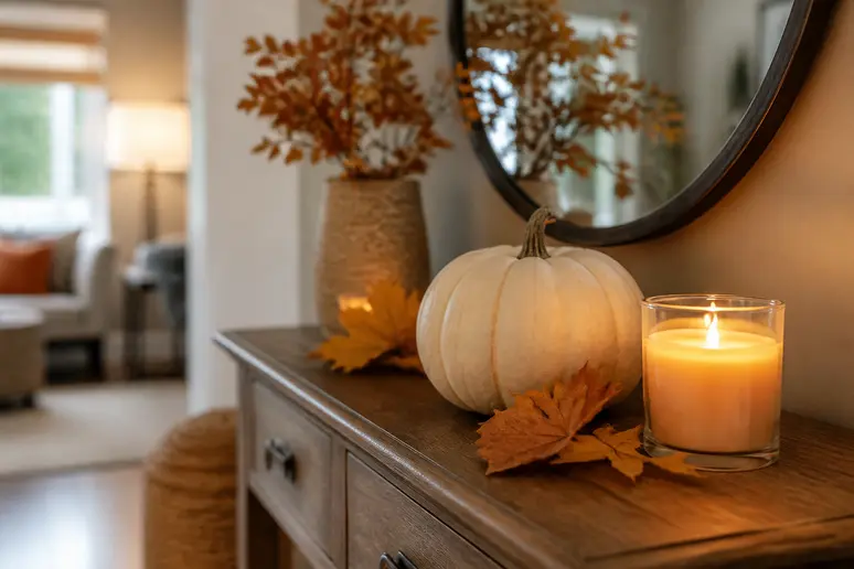 Décoration d'automne sur une console d'entrée avec une citrouille et des feuilles.
