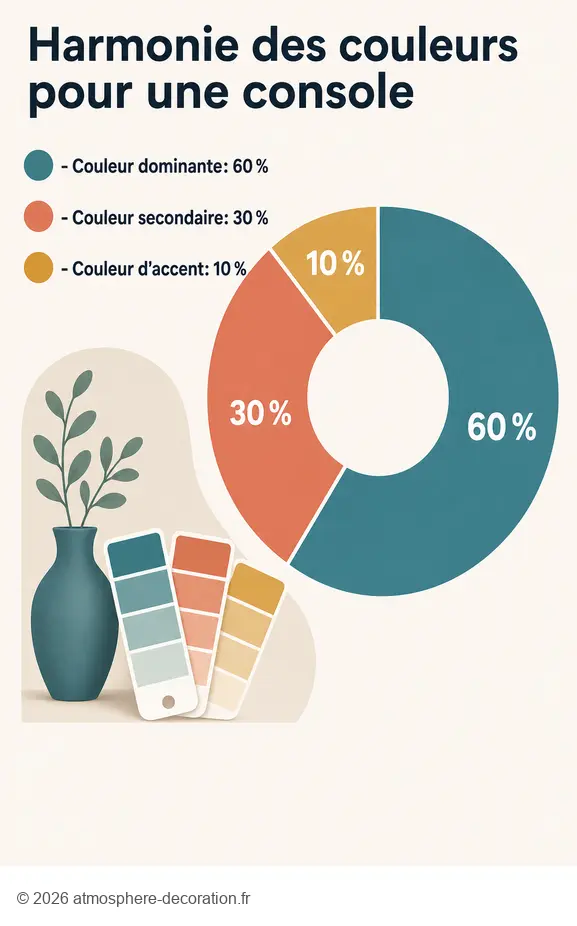 Infographie montrant comment décorer une console d'entrée avec la règle 60/30/10 pour l'harmonie des couleurs.