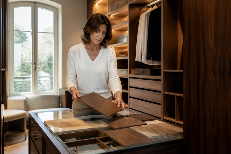 Exploration de différents matériaux nobles pour un dressing luxe sur mesure en chêne et noyer.