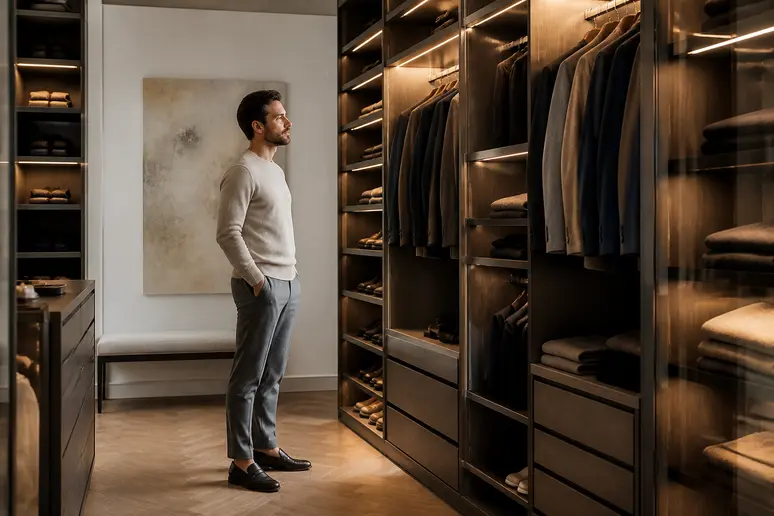 Ambiance chic d'un dressing luxe sur mesure avec éclairage LED intégré et portes élégantes.