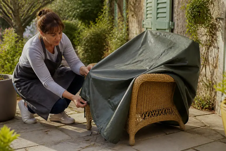 Femme protégeant un fauteuil en rotin avec une housse pour un entretien optimal.