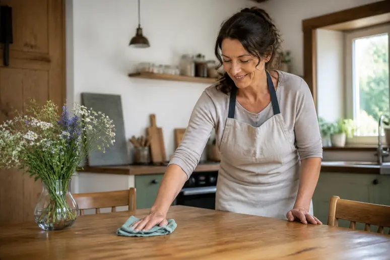 Femme nettoyant une table en chêne massif avec un chiffon, entretien table chêne massif.