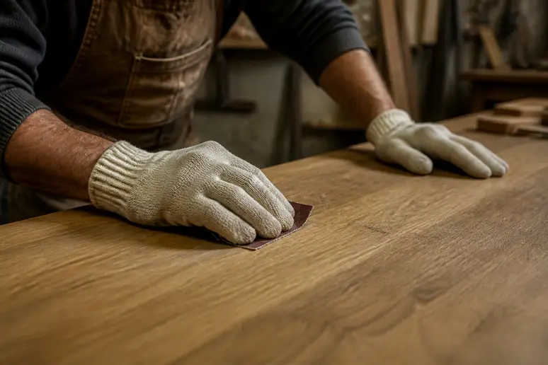 Artisan ponçant une petite marque sur un plateau de table en chêne massif, entretien table chêne massif.