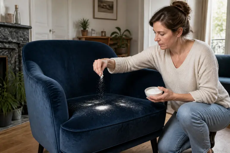 Application de bicarbonate de soude pour entretien velours canapé sur un fauteuil.