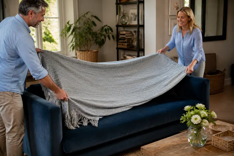 Protection du canapé en velours avec un plaid pour un entretien velours canapé durable.