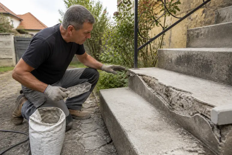 Réparation d'un escalier extérieur béton : homme examinant une marche endommagée avant travaux.