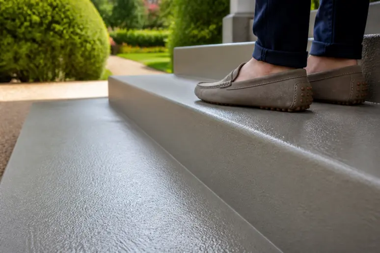 Finition antidérapante sur un escalier extérieur béton repeint pour une sécurité accrue.