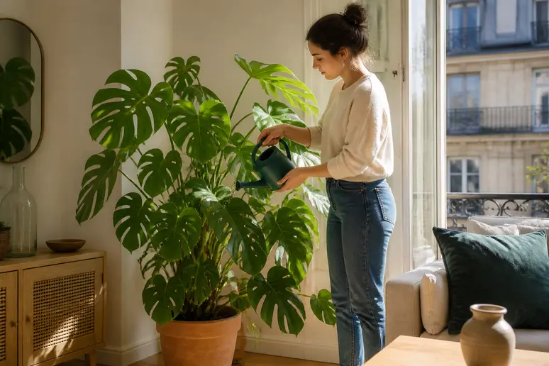 Une grande plante d'intérieur Monstera décore un salon parisien baigné de lumière naturelle.