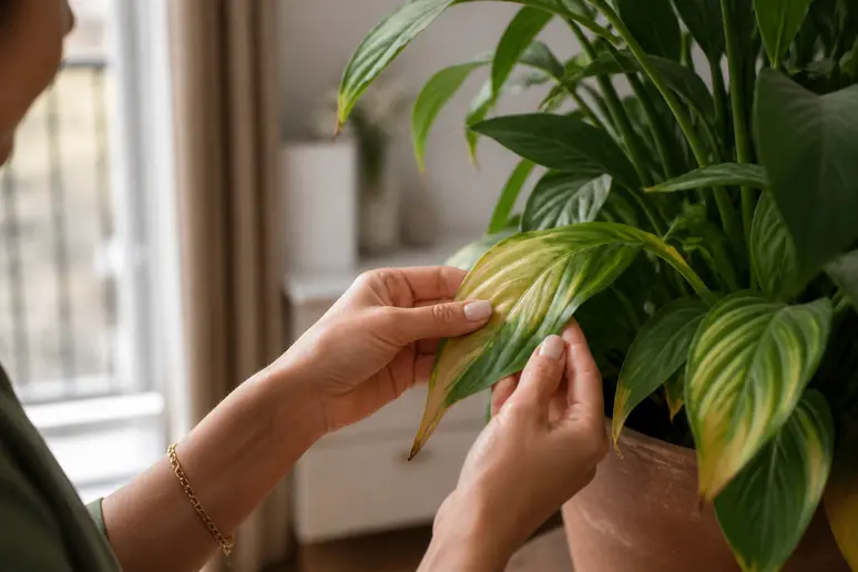 Des mains expertes examinent les feuilles d'une grande plante d'intérieur présentant des signes de jaunissement.