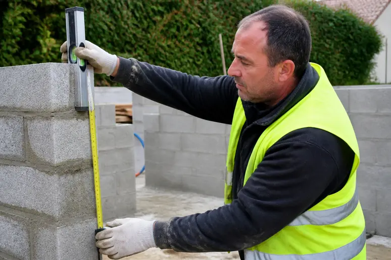 Ouvrier vérifiant la hauteur maximale d'un mur en parpaing de 15 cm, chantier extérieur.
