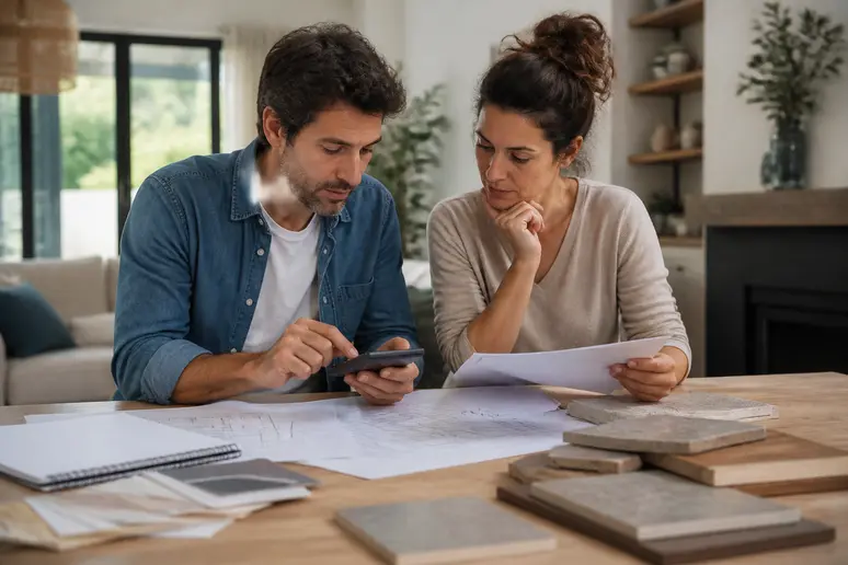 Couple discutant du budget pour un mur en parpaing, devis et matériaux sur la table.