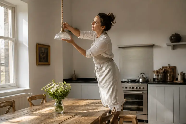 Ajustement de la hauteur suspension table par une femme dans une cuisine moderne.