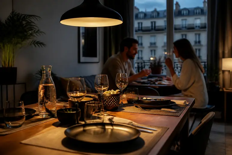 Ambiance intime avec la hauteur suspension table et un éclairage chaleureux.