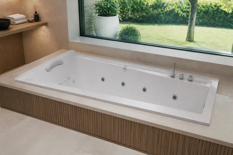 Baignoire balnéo moderne installée dans une salle de bains lumineuse et fonctionnelle