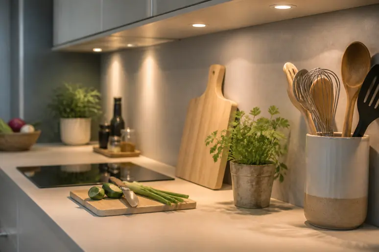 Éclairage de précision au-dessus d'un plan de travail de cuisine, montrant les lumens par m2 pour les tâches.