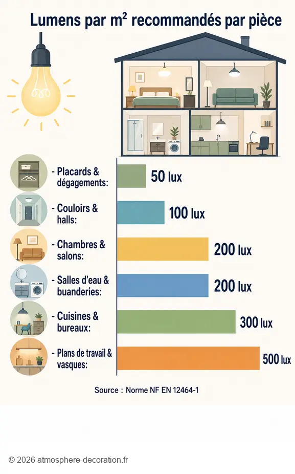 Tableau comparatif des lumens par m2 nécessaires pour éclairer chaque pièce de la maison.