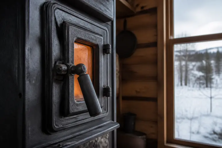 Gros plan sur la porte robuste d'un poêle à bois en fonte, gage de qualité et de fiabilité, une marque de poêle à bois à éviter quand elle manque.