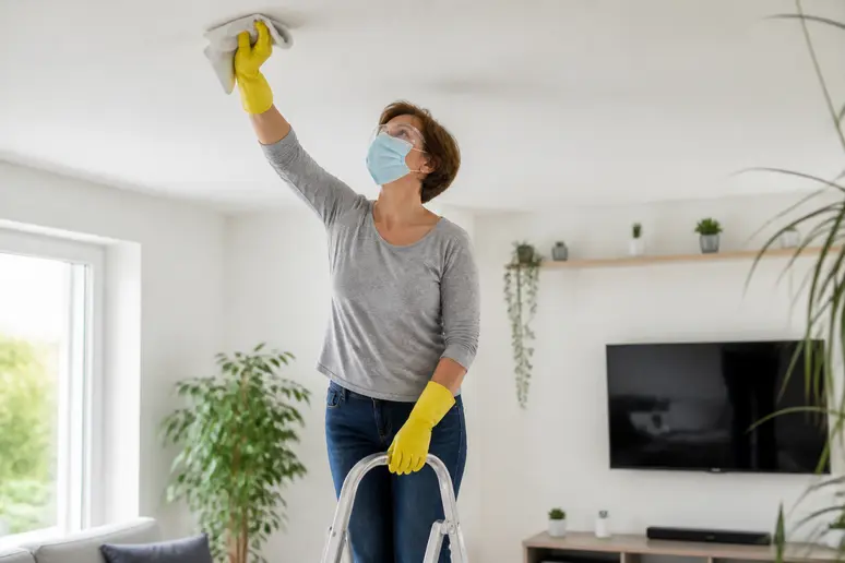 Une femme prudente nettoie la moisissure du plafond sans abîmer la peinture blanche avec un chiffon.