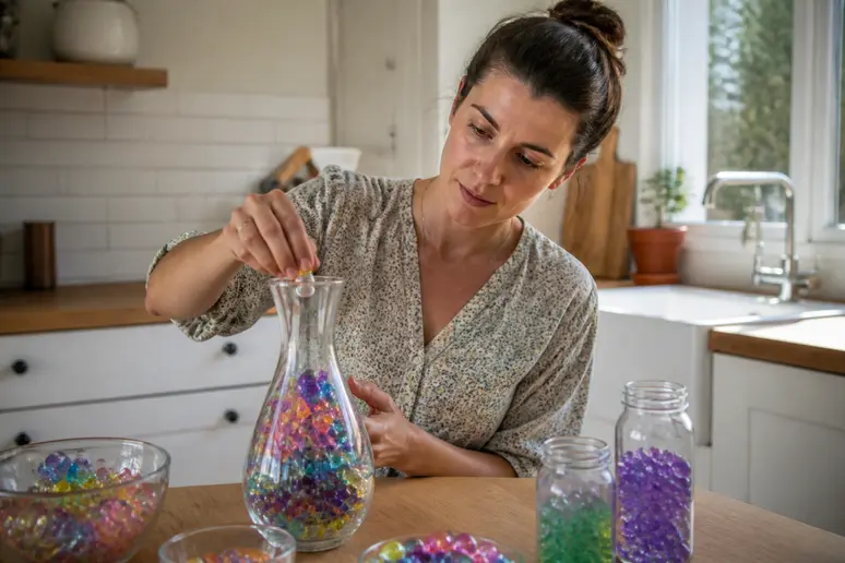 Idées déco et usages pratiques Orbeez : femme arrangeant des billes d'eau colorées dans un vase en verre.