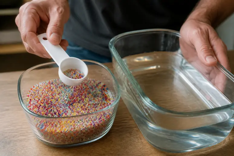 Préparation Orbeez idées déco usages pratiques : mains mesurant des billes d'eau avant hydratation dans un récipient.