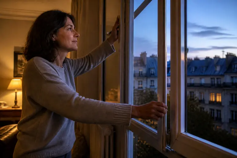 Femme ouvrant doucement une fenêtre pour laisser sortir un papillon de nuit, signification dans la maison.