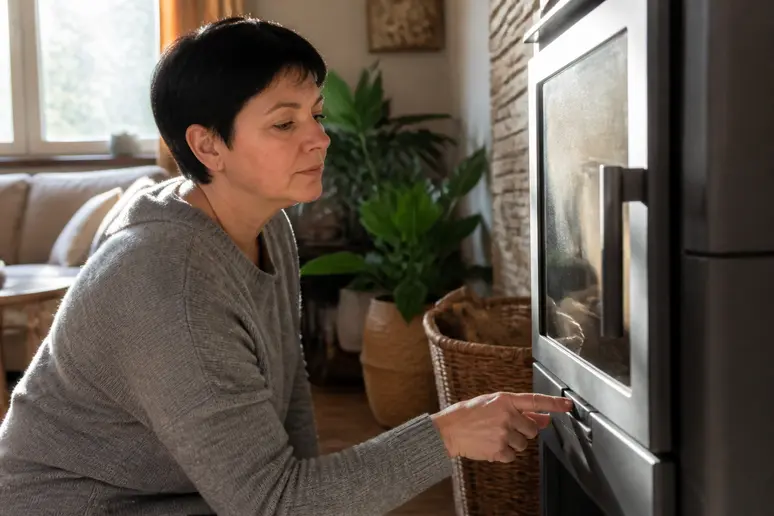 Femme ajustant les parametre de reglage poele palazzetti sur le panneau de commande d'un poele.