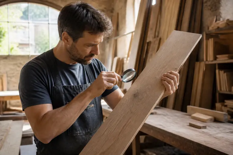 Menuisier examinant la texture du bois pour choisir la teinte de parquet clair ou foncé.