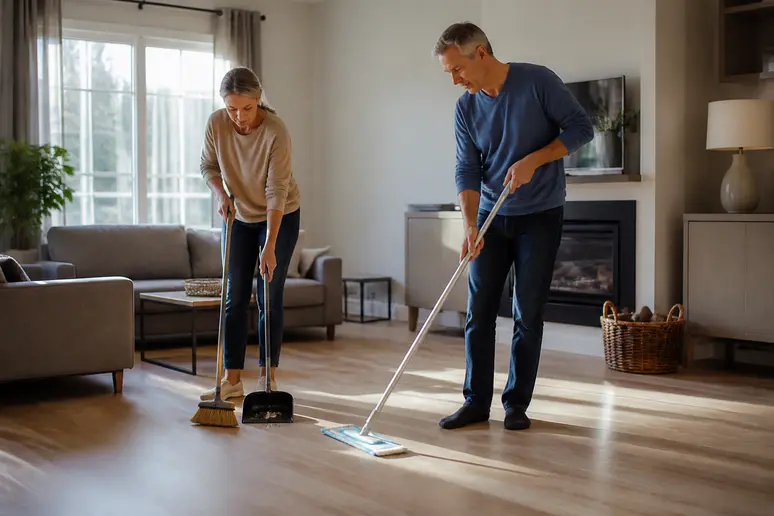 Entretien facile d'un sol en parquet ou stratifié par un couple français dans leur salon.