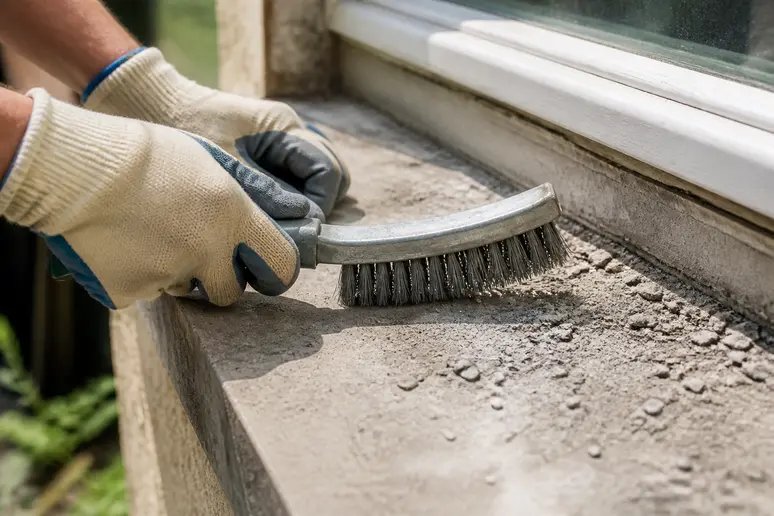 Un bricoleur nettoie et ponce avec soin des appuis de fenetre extérieurs en béton avant de les rénover.