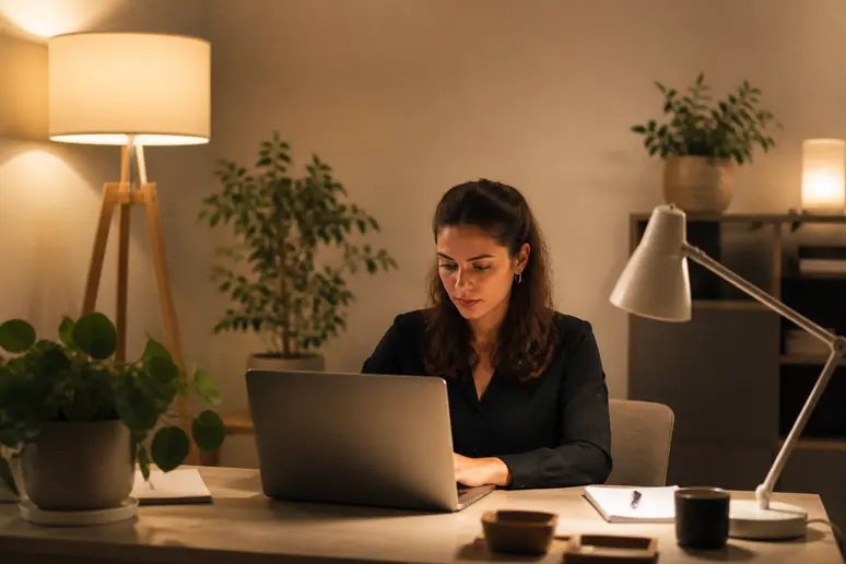 Aménagement d'une pièce sans fenêtre en bureau fonctionnel avec éclairage artificiel et plantes.