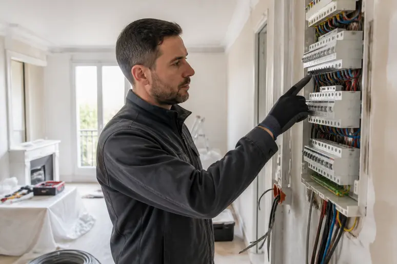 Un électricien français vérifie un tableau électrique, contrôlant les points lumineux par pièce selon la norme.
