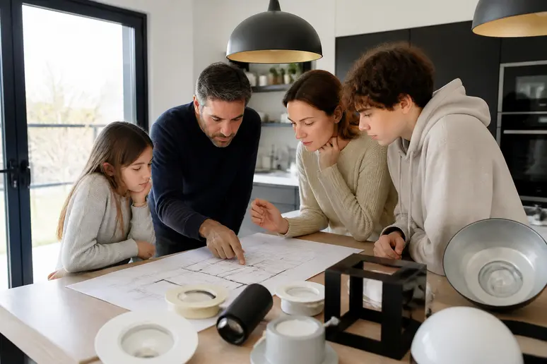 Une famille française discute de l'aménagement lumineux de sa cuisine, planifiant les points lumineux par pièce.