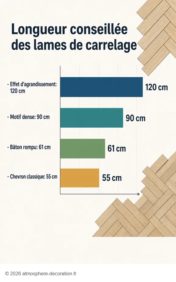 Comparatif des longueurs de lames pour réussir sa pose carrelage en chevron selon l'effet voulu.