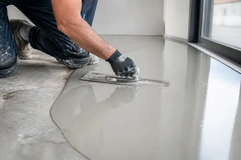 Artisan appliquant du béton ciré au platoir sur un sol intérieur