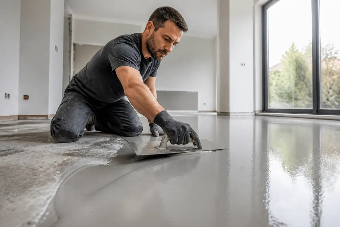 Un artisan applique minutieusement du béton ciré au sol dans une pièce en rénovation pour illustrer le prix du m2 béton ciré.