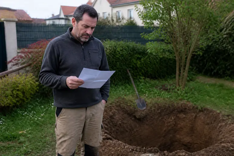 Homme français consultant des plans pour l'installation d'un puits perdu dans son jardin.