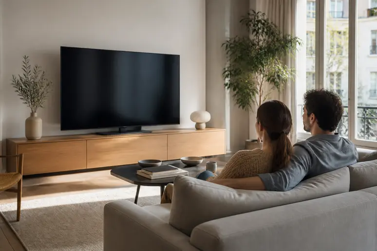 Quel meuble tv pour tv 65 pouces bien proportionné dans un salon moderne français.