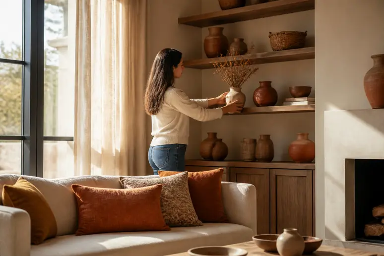 Quelle couleur avec le beige : salon cosy avec coussins terracotta et poteries, ambiance chaleureuse.