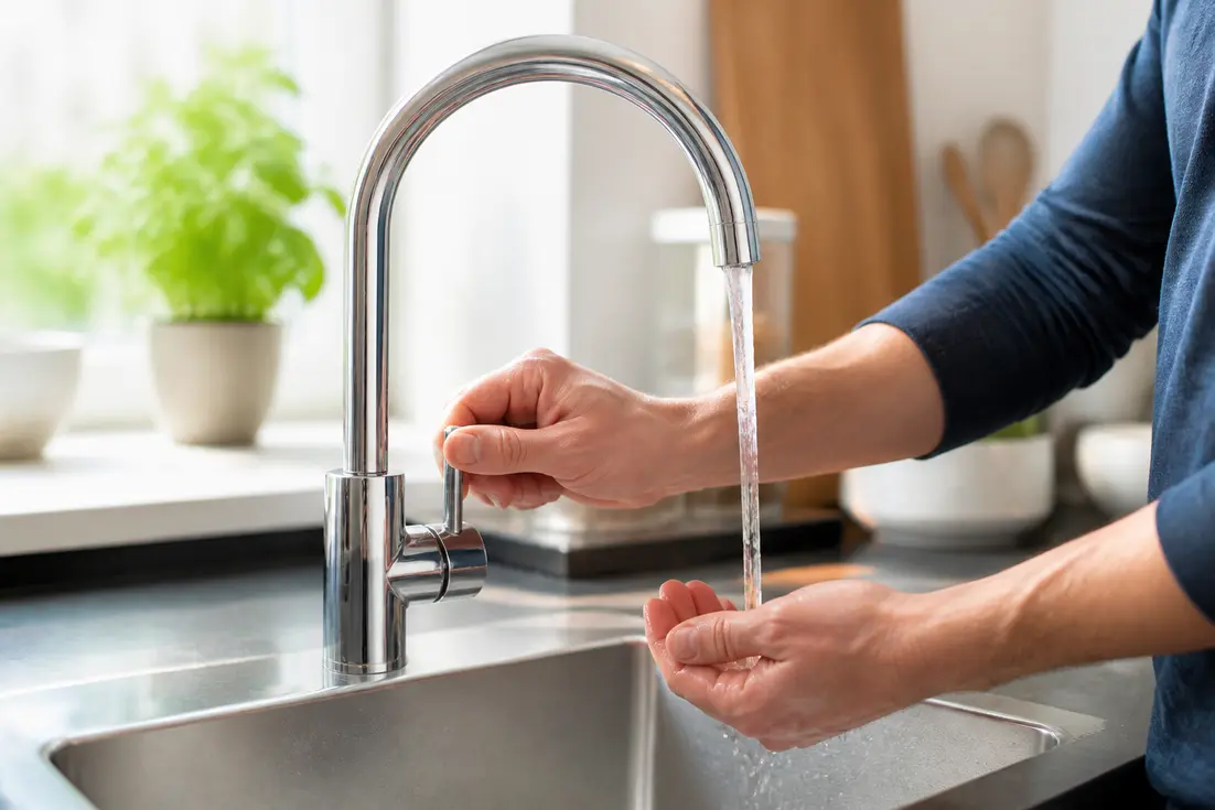Gros plan sur des mains tournant un robinet de cuisine pour illustrer le sens ouverture robinet.