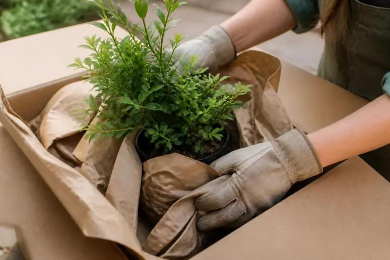 Mains gantées de jardinier déballant délicatement un jeune arbuste en motte d'un carton d'expédition en ligne