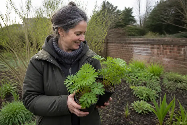 Jardinier tenant des jeunes plants en pots prêts pour un achat jardinage en ligne réussi au printemps